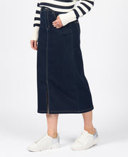 VASSALLI - Ink Denim Mid Length Skirt with Centre Front Split - 7056