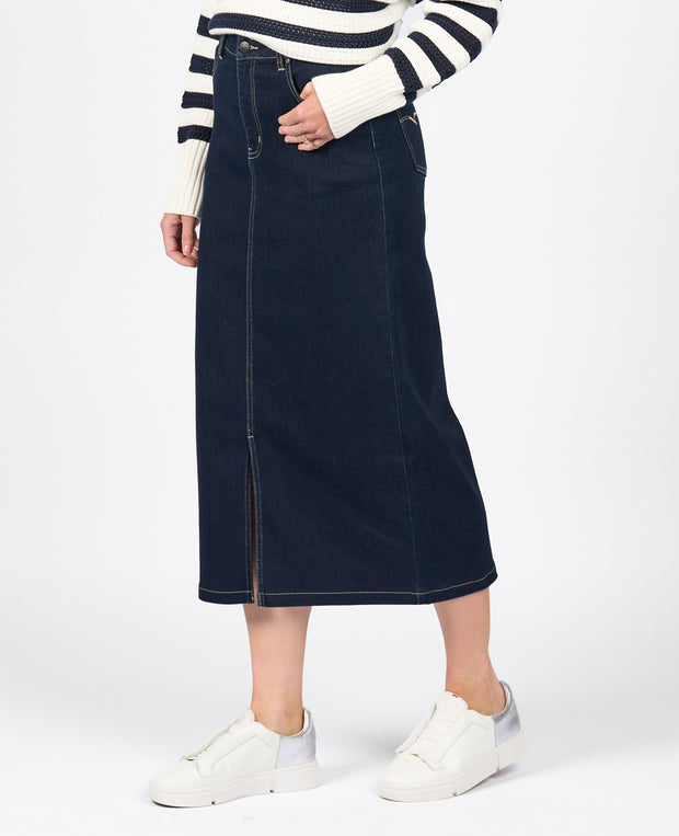 VASSALLI - Ink Denim Mid Length Skirt with Centre Front Split - 7056