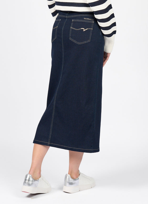 VASSALLI - Ink Denim Mid Length Skirt with Centre Front Split - 7056
