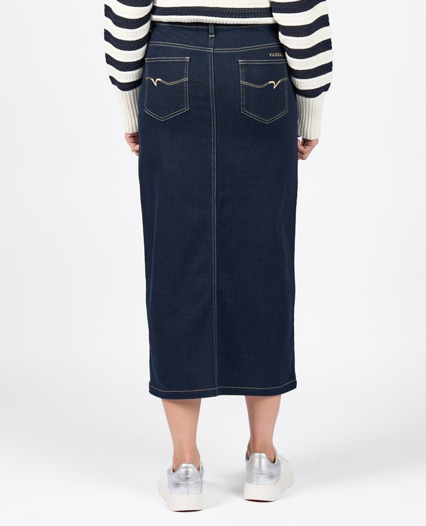 VASSALLI - Ink Denim Mid Length Skirt with Centre Front Split - 7056