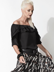 PAULA RYAN - Black Ruffle Boat Neck Peasant Top - 7067