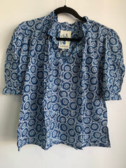 CAKE - Blue White Circle Tie Neck Blouse - 59024