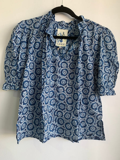 CAKE - Blue White Circle Tie Neck Blouse - 59024