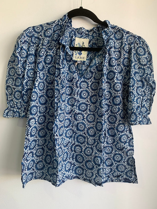 CAKE - Blue White Circle Tie Neck Blouse - 59024