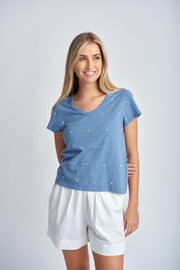 CLOTH PAPER SCISSORS - Deep Blue/White Embroidered Tee - C1385