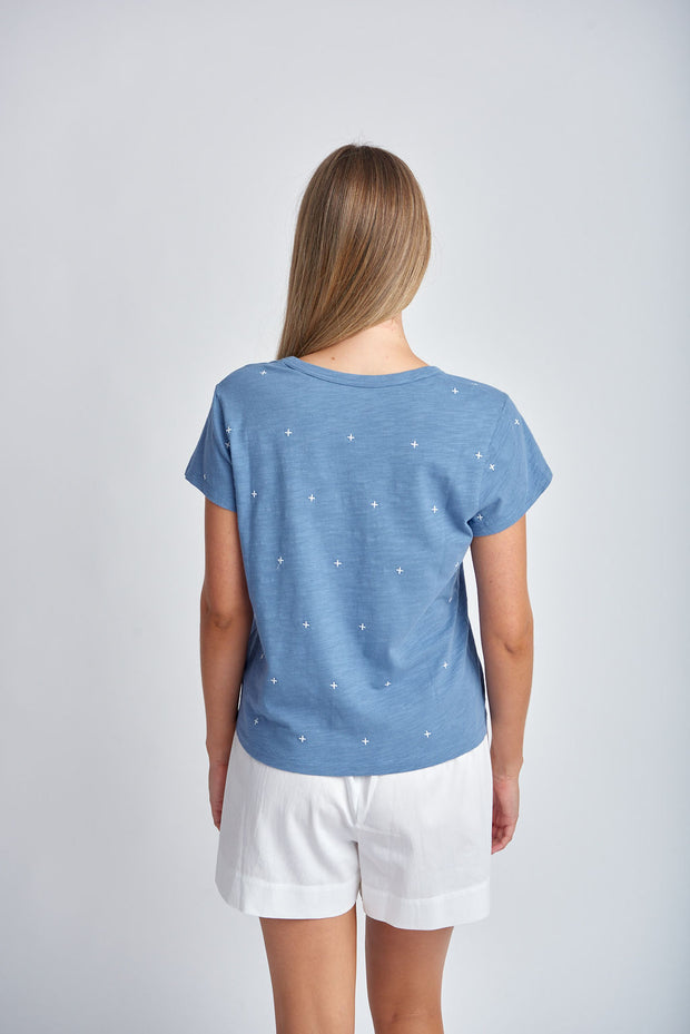 CLOTH PAPER SCISSORS - Deep Blue/White Embroidered Tee - C1385