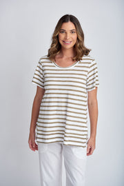 CLOTH PAPER SCISSORS - White/Twig Stripe Crew Neck Tee - C1386-26