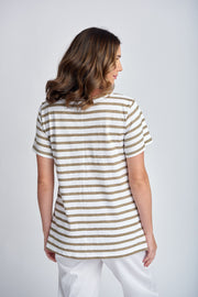 CLOTH PAPER SCISSORS - White/Twig Stripe Crew Neck Tee - C1386-26