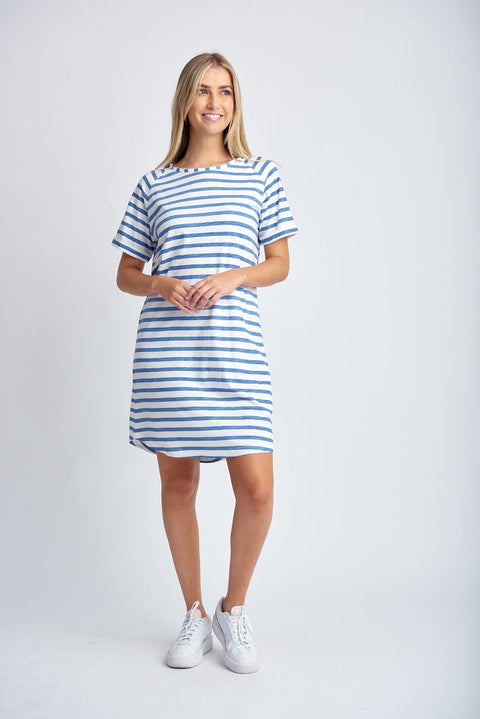 CLOTH PAPER SCISSORS - White/Deep Blue Stripe Raglan Sleeve Dress - C1625-26