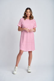 CLOTH PAPER SCISSORS - White/Raspberry Stripe Raglan Sleeve Dress - C1625-26