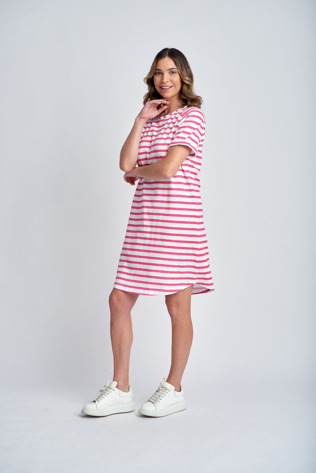 CLOTH PAPER SCISSORS - White/Raspberry Stripe Raglan Sleeve Dress - C1625-26