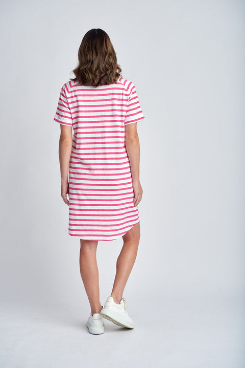 CLOTH PAPER SCISSORS - White/Raspberry Stripe Raglan Sleeve Dress - C1625-26