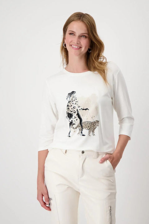 MONARI - Off White Embosed Round Neck T-shirt - 808064