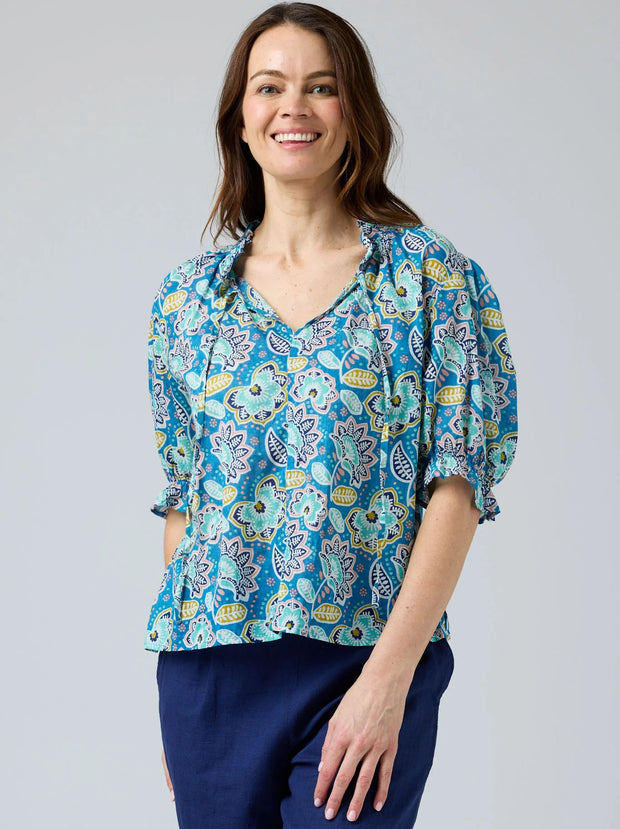 CAKE - Folk Flowers Tie Neck Blouse - 59024