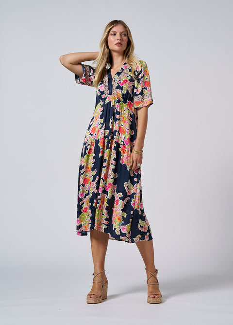 LOOBIES STORY - Sante Midi Dress in Indigo Multi - LS2837