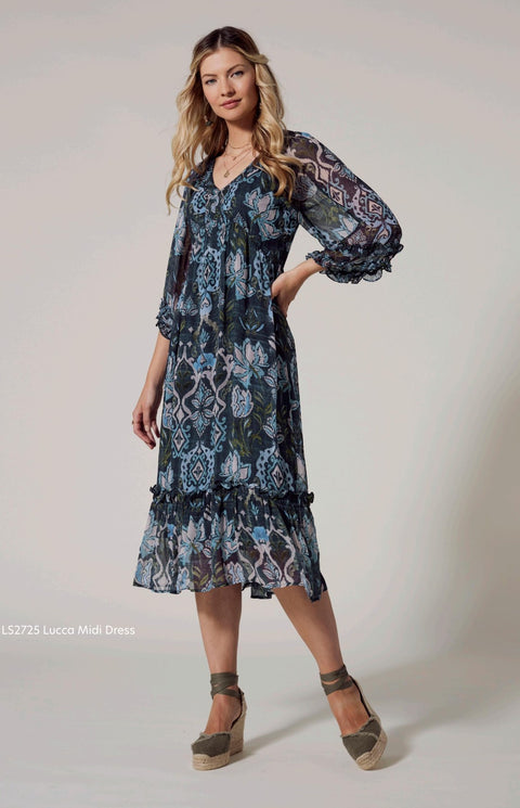 LOOBIES STORY - Lucca Midi Dress in Indigo Multi - LS2725