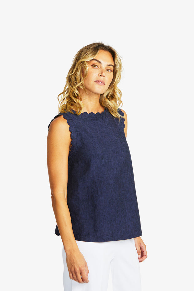 PING PONG - Navy Lucy Linen Scallop Top - P595365