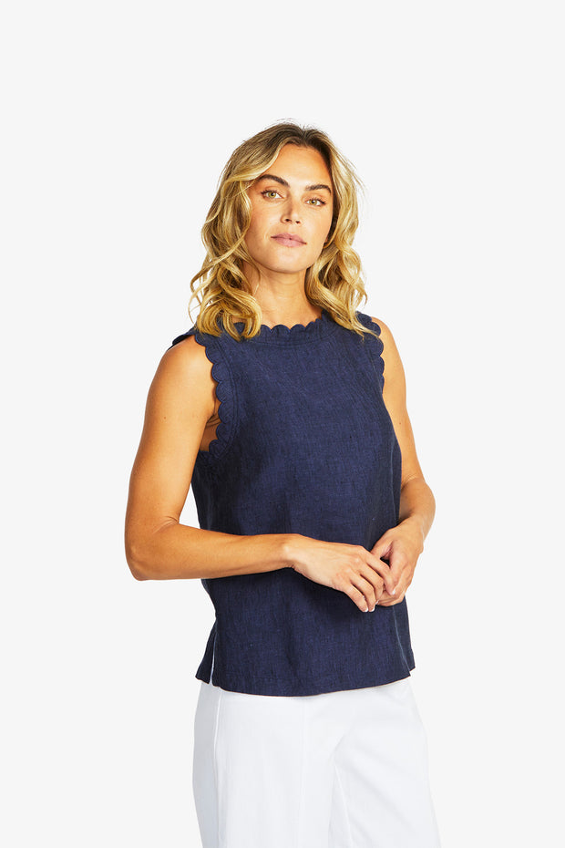 PING PONG - Navy Lucy Linen Scallop Top - P595365