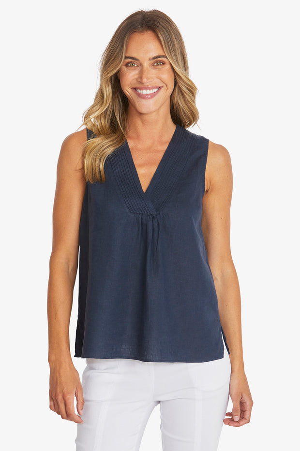 PING PONG - French Navy Linen Sleeveless Top - P595342