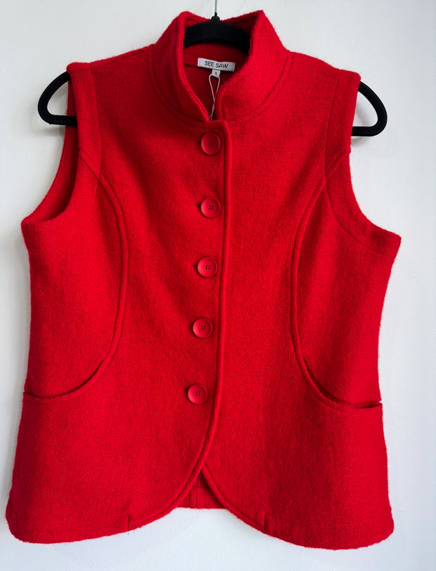 SEE SAW - Red Boiled Wool High Collar Vest - SS150