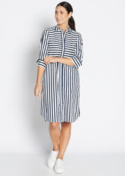 PHILOSOPHY - Navy Wide Stripe Sierra 3/4 Sleeve Shirt Dress
