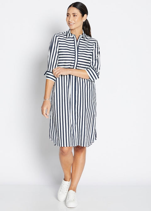 PHILOSOPHY - Navy Wide Stripe Sierra 3/4 Sleeve Shirt Dress