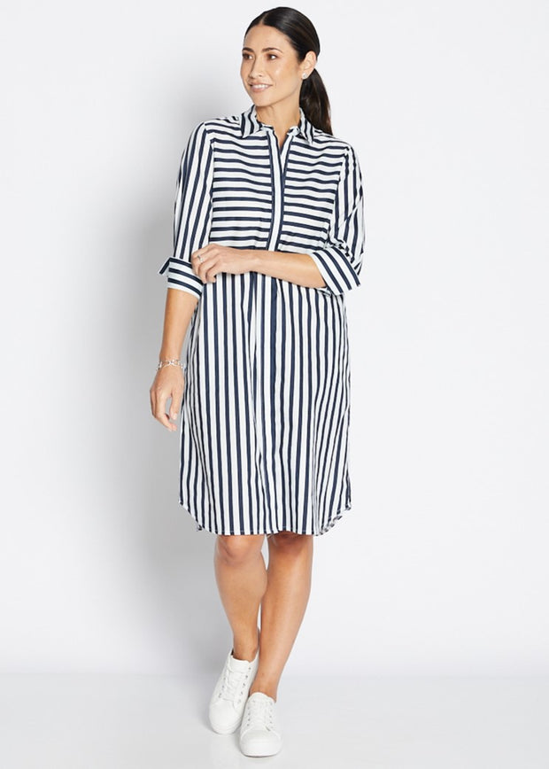 PHILOSOPHY - Navy Wide Stripe Sierra 3/4 Sleeve Shirt Dress