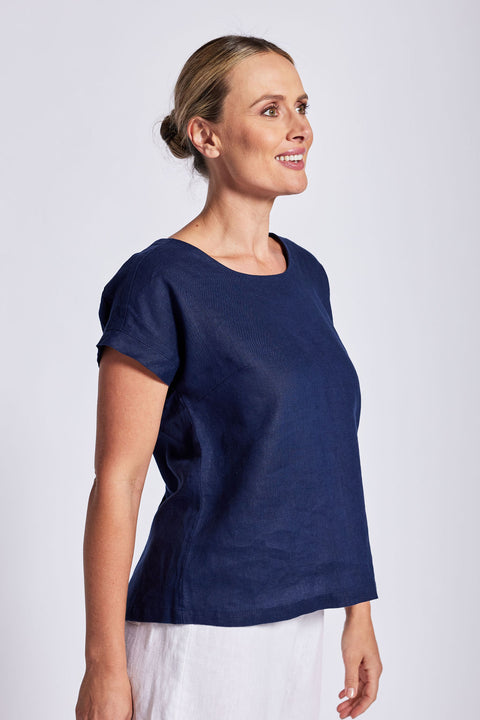 SEE SAW - Navy Linen Cap Sleeve Button Back Top - SS13N