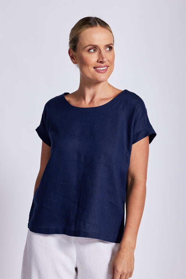 SEE SAW - Navy Linen Cap Sleeve Button Back Top - SS13N