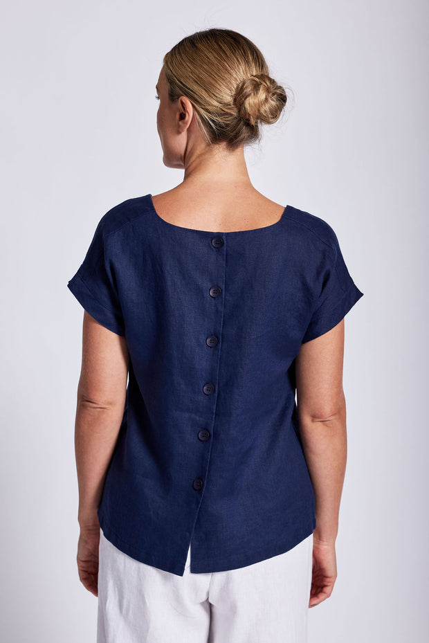 SEE SAW - Navy Linen Cap Sleeve Button Back Top - SS13N