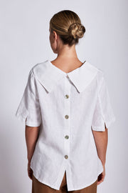 SEE SAW - White Linen Short Sleeve Cowl Neck Button Back Top - SS20W