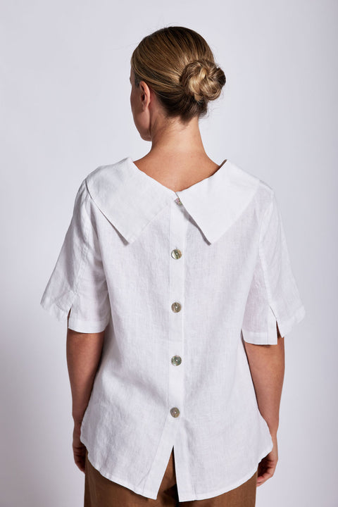 SEE SAW - White Linen Short Sleeve Cowl Neck Button Back Top - SS20W