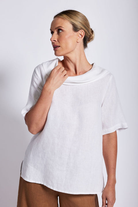 SEE SAW - White Linen Short Sleeve Cowl Neck Button Back Top - SS20W