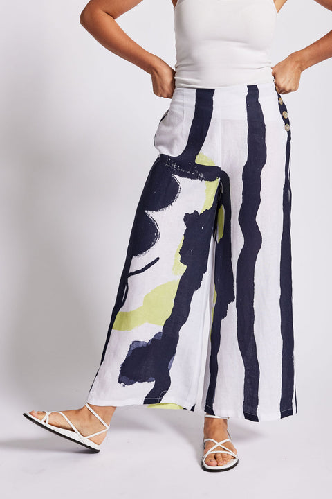 SEE SAW - Sake Print Navy/Pine Lime Linen Palazzo Pant - SS85N/P