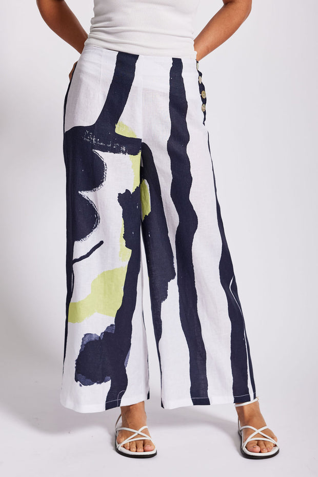 SEE SAW - Sake Print Navy/Pine Lime Linen Palazzo Pant - SS85N/P