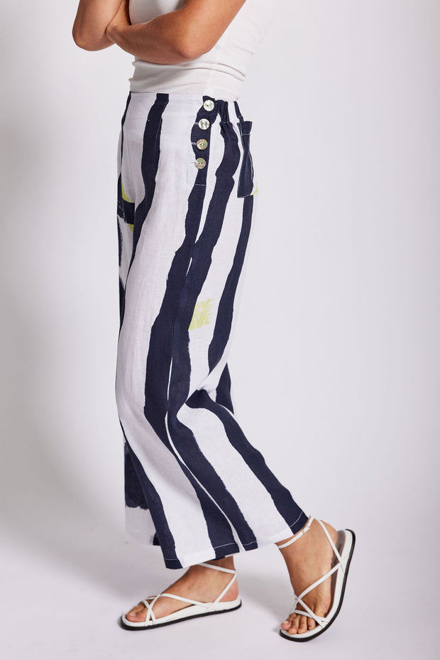 SEE SAW - Sake Print Navy/Pine Lime Linen Palazzo Pant - SS85N/P