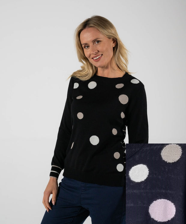 SEE SAW - Navy with Pink Blush/Wheat/White Multi Spot and Stripe Back Sweater - SW1001