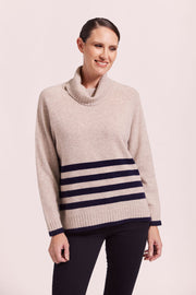 SEE SAW - Wheat/Navy Luxe Roll Neck Stripe Button Back Sweater - SW1016