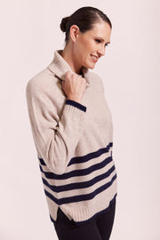 SEE SAW - Wheat/Navy Luxe Roll Neck Stripe Button Back Sweater - SW1016
