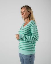 SEE SAW - Mint Recycled Poly Blend Stripe V Sweater - SW1064