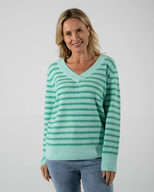 SEE SAW - Mint Recycled Poly Blend Stripe V Sweater - SW1064