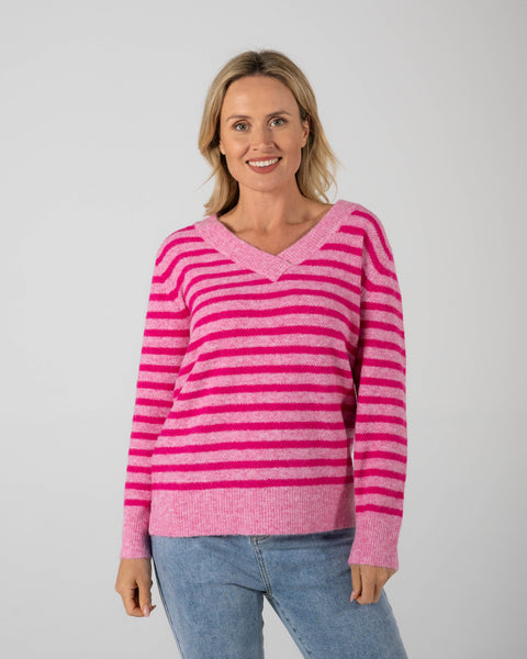 SEE SAW - Raspberry Recycled Poly Blend Stripe V Sweater - SW1064