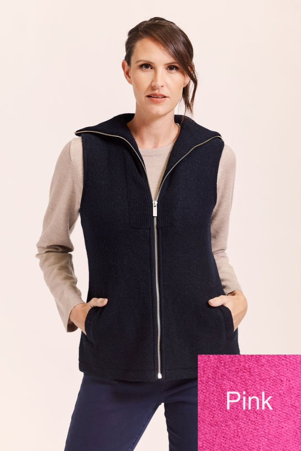 SEE SAW - Pink Boiled Wool Rib Collar Zip Front Vest - SW951