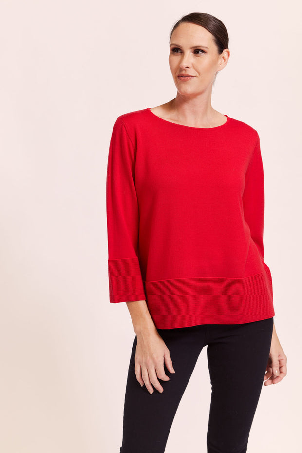 SEE SAW - Red 7/8 Sleeve Rib Sweater - SW989