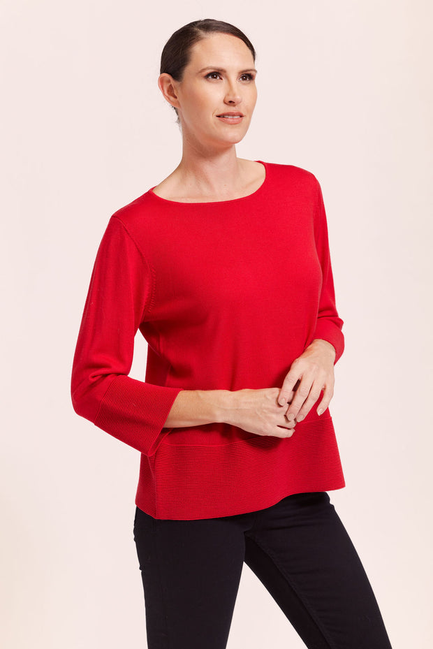 SEE SAW - Red 7/8 Sleeve Rib Sweater - SW989