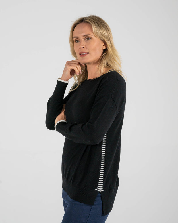 SEE SAW - Black/White Trim Side Spliced Stripe Sweater - SW996