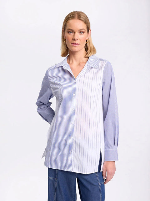 MARCO POLO - Sea Blue Long Sleeve Spliced Stripe Shirt