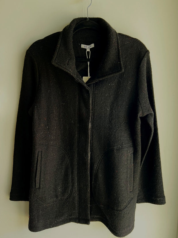 SEE SAW - Black Boiled Wool Funnel Neck Coat - SS162