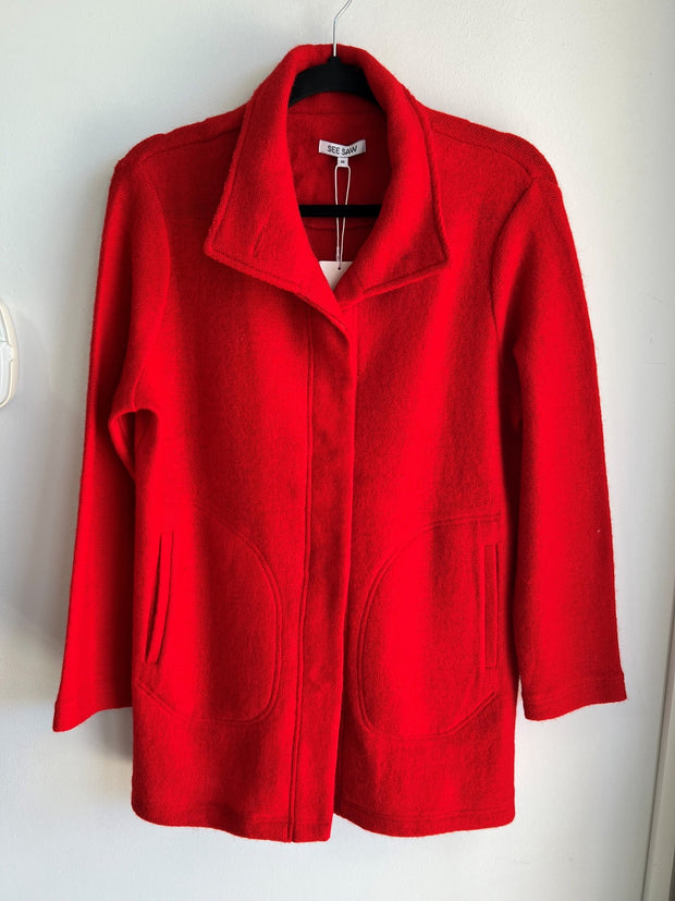 SEE SAW - Red Boiled Wool Funnel Neck Coat - SS162