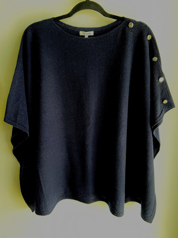 SEE SAW - Navy Wool Poncho with Buttons - SS203
